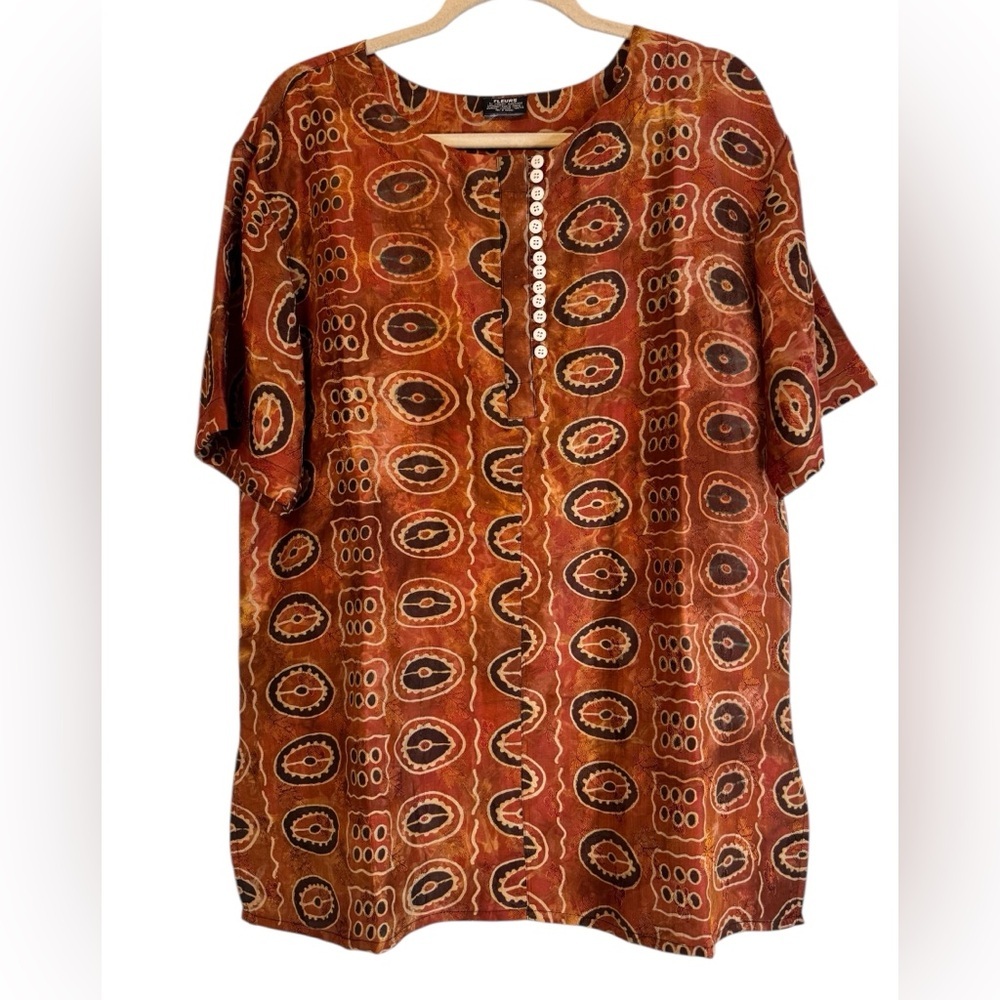 FLEURS Women's Brown Rust Patterned Tunic Short Sleeve Top No tag Size L/XL